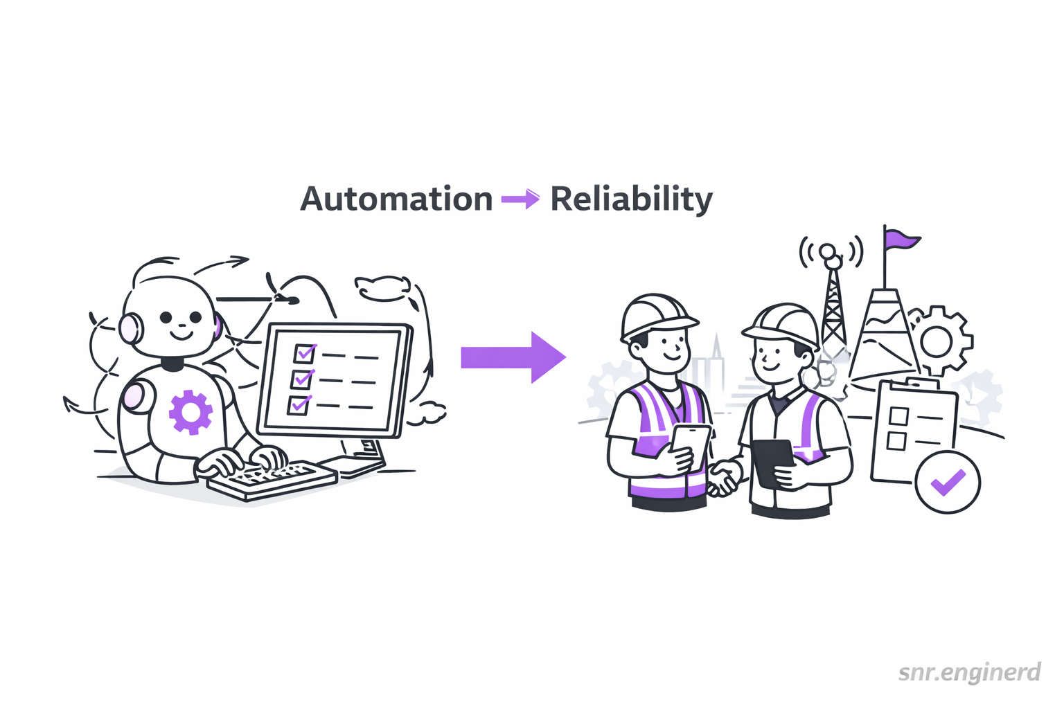 Minimalist banner showing a gear and a shield side by side, representing automation and reliability.