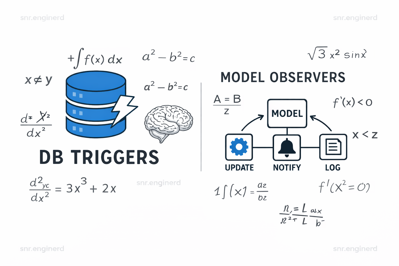 Diagram showing side effects triggered at the database layer versus Laravel application-layer observers and events.