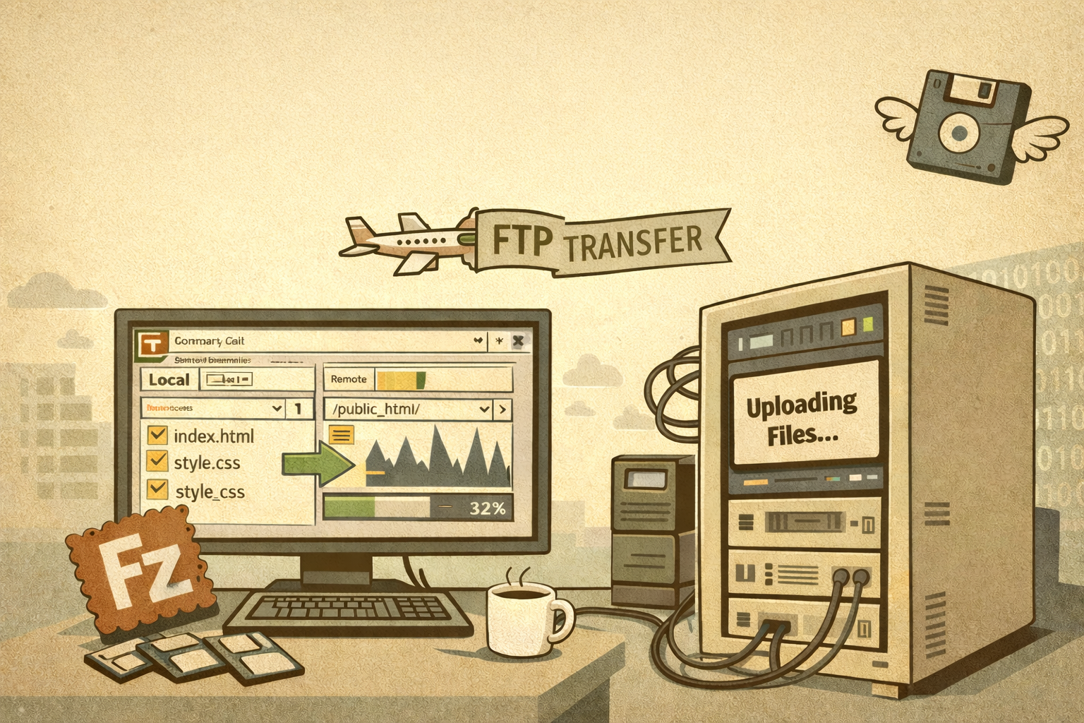 Illustration of a laptop connected to a server with file transfer arrows, evoking classic FTP deployments.