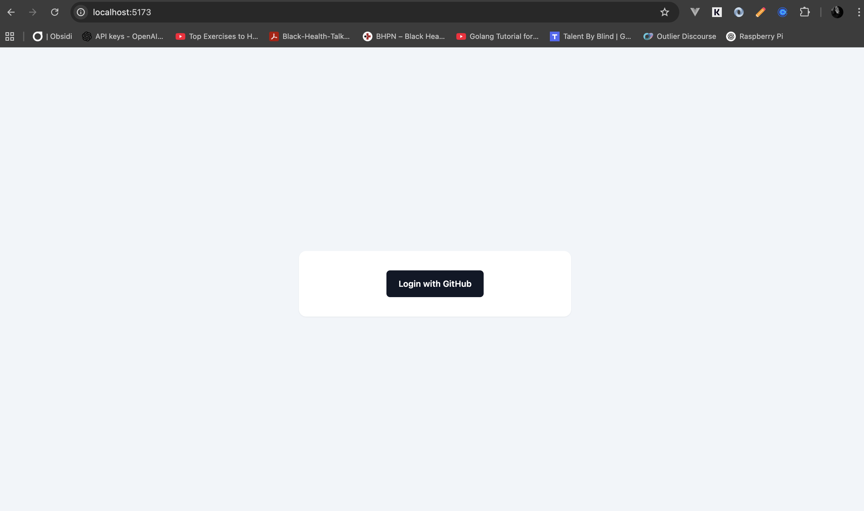 App login screen showing a centered “Login with GitHub” button before authentication.