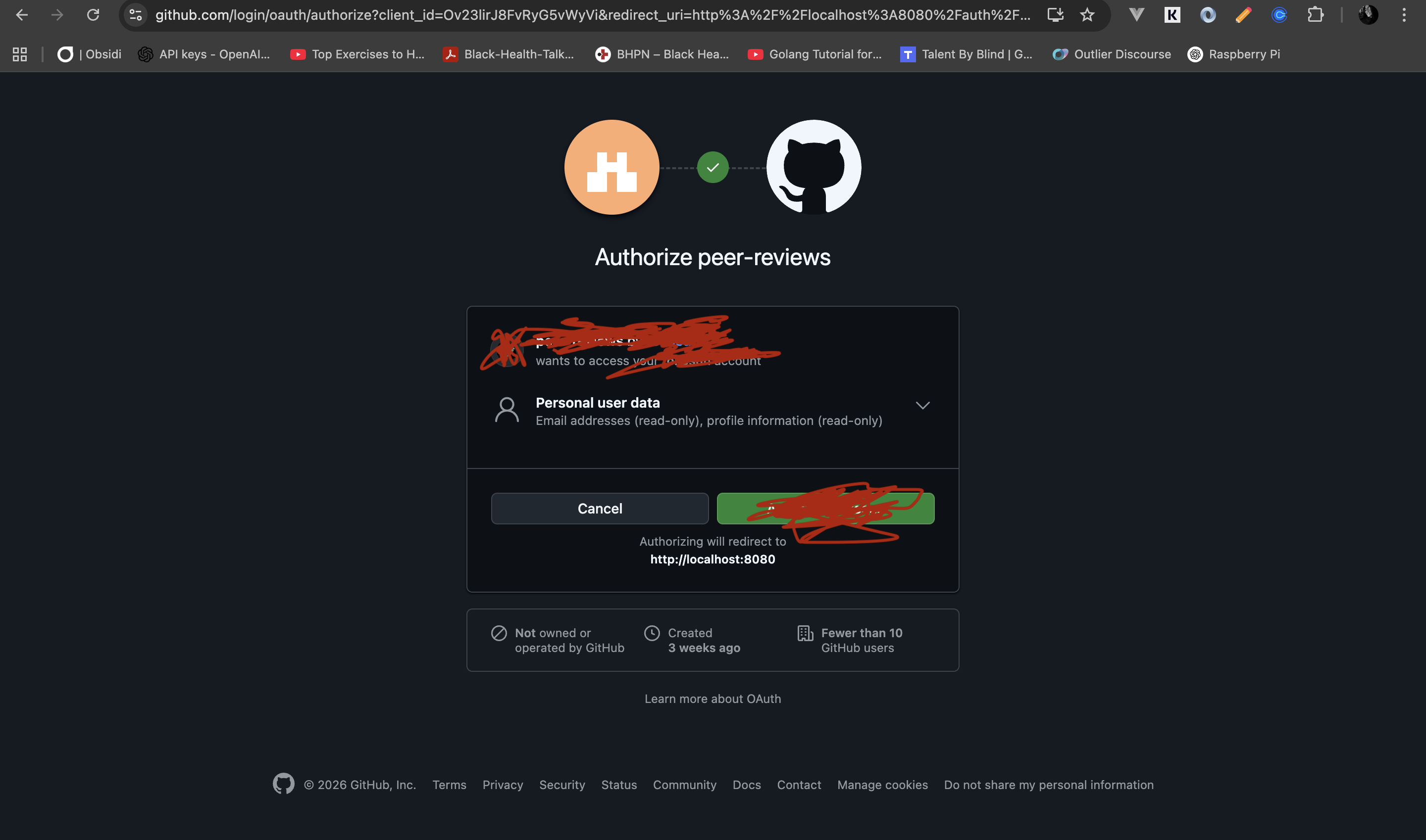 GitHub OAuth consent screen asking the user to authorize the application.