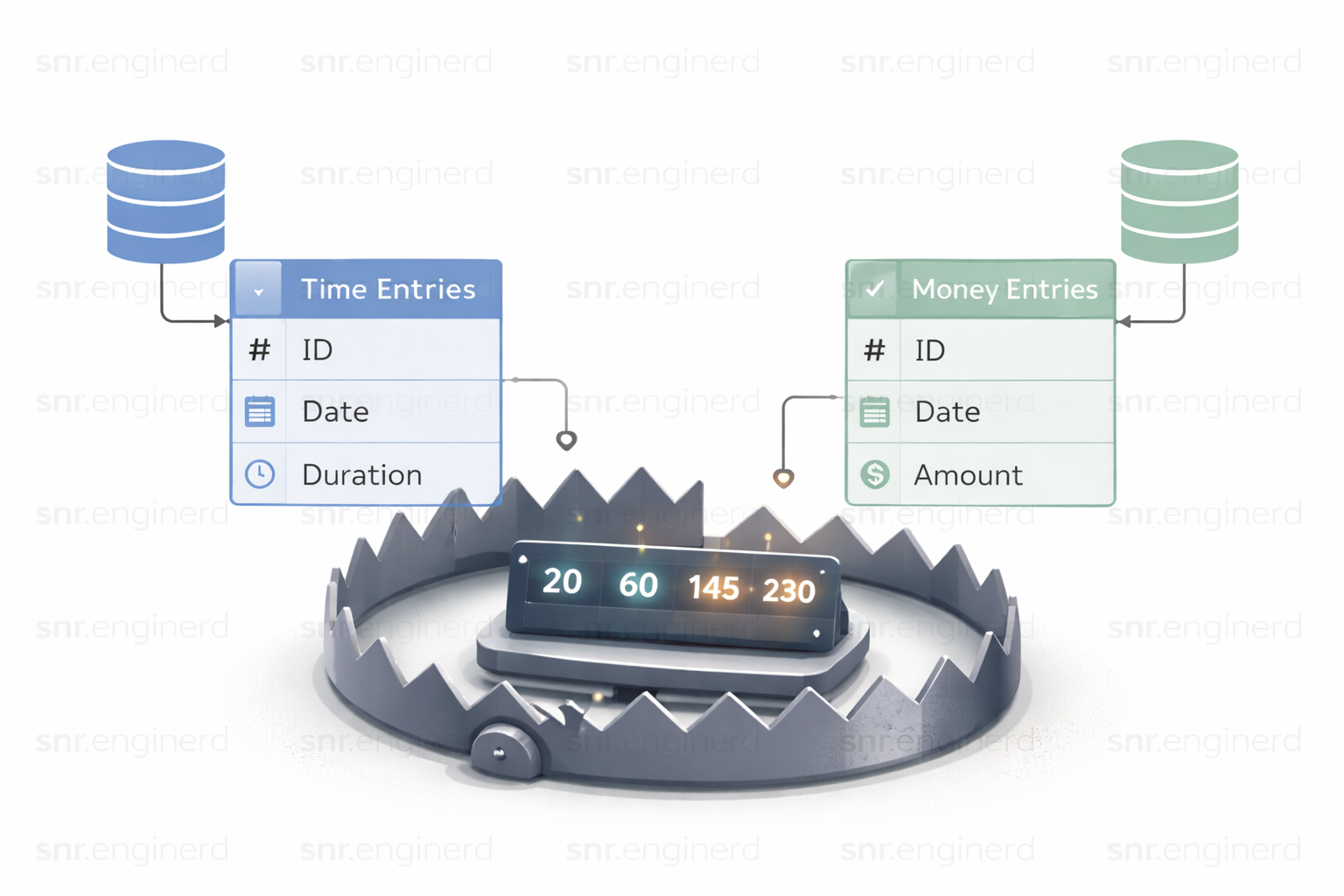 Illustration of time entries and financial values flowing into a database table that stores smallest-unit integers to avoid precision loss.
