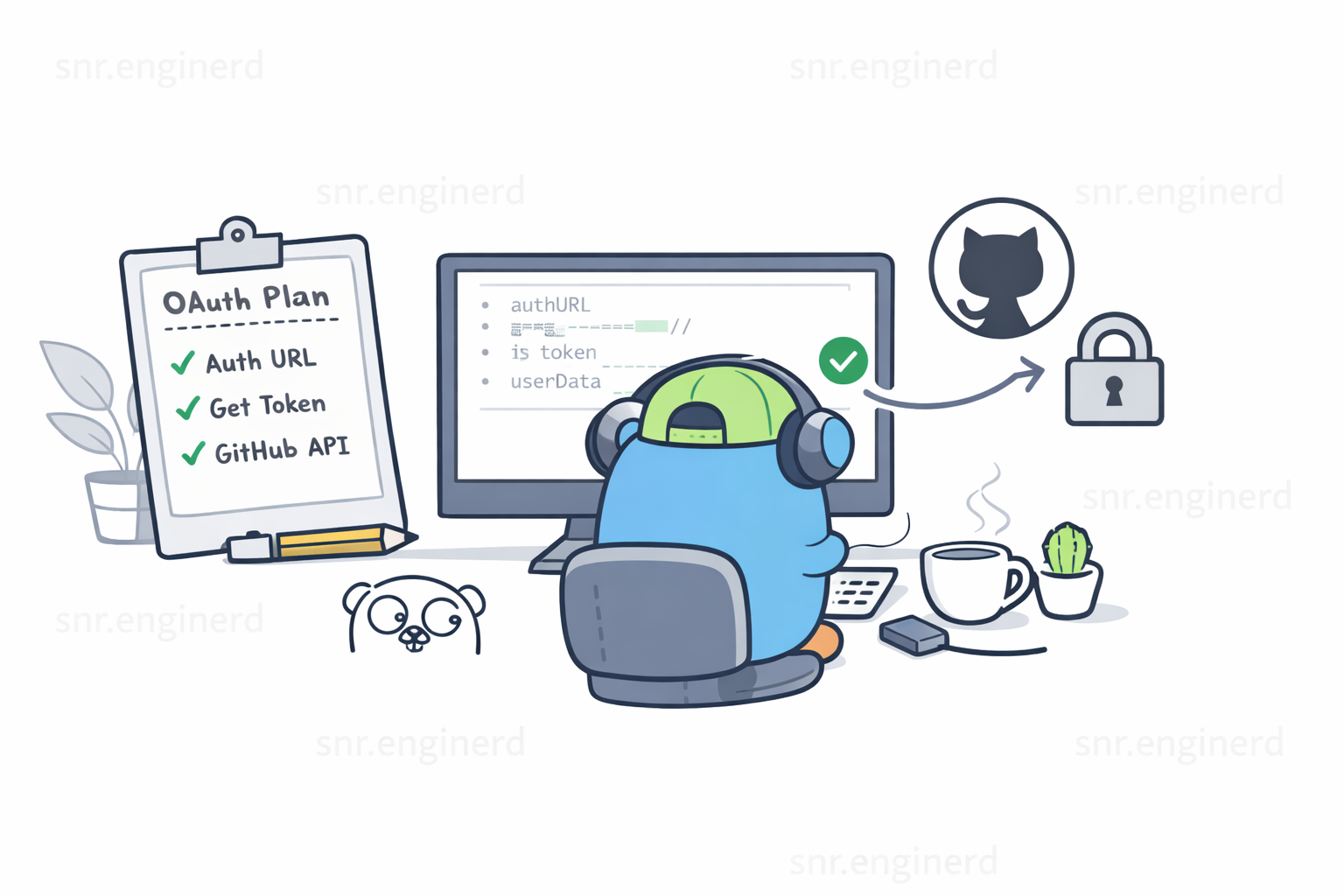 Hero illustration showing a GitHub OAuth flow between the browser, Go backend, and GitHub.
